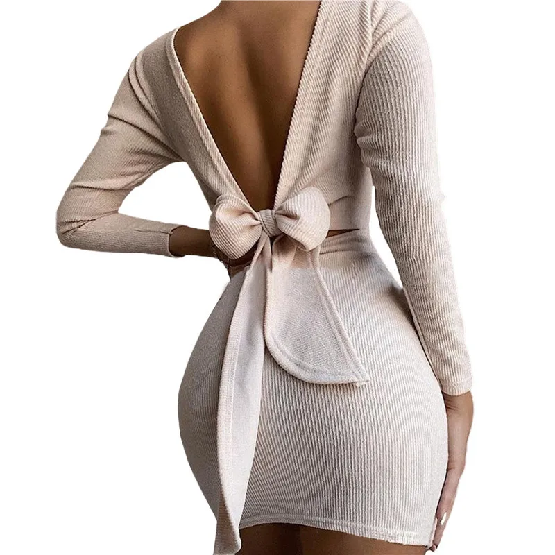 

Spring and Autumn Women's Pure Color Dress Slim Bowknot High Waist Halter Mini Sexy Ladies Clothing Suitable for Evening Parties