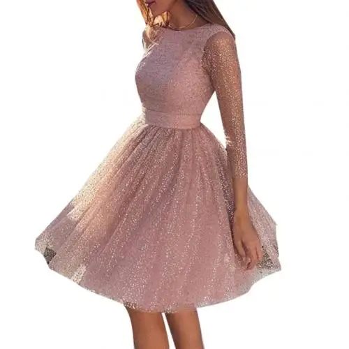 Вечернее сексуальное женское Прозрачное платье с блестками, 3/4 рукав, платье с открытой спиной - Цвет: Розовый