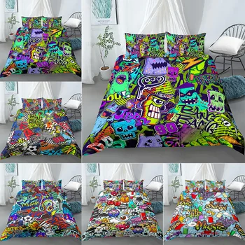 

Modern Duvet Cover Set, Teenager Style Image Street Wall Graffiti Graphic Colorful Design Artwork Print,Hippie Bedding Set