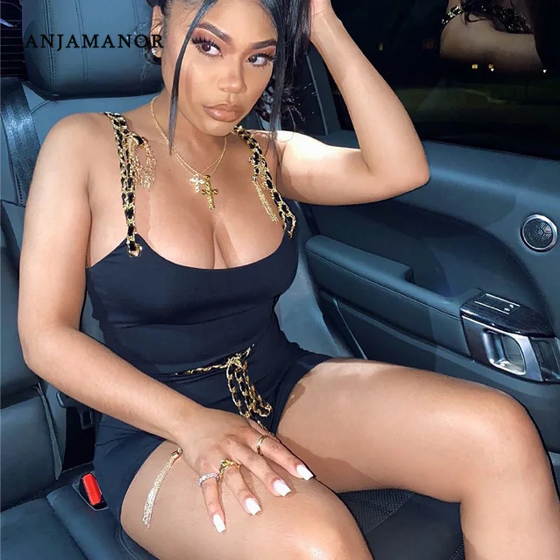ANJAMANOR-peleles Bodycon negros con cadena para mujer, trajes de verano, ropa Sexy para discoteca, mono, D82-CE16, 2021