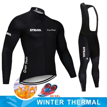 

STRAVA Pro Team Winter Thermal Fleece Cycling Clothes Men Long Sleeve Jersey Suit Outdoor Riding Bike MTB Clothing Bib Pants Set