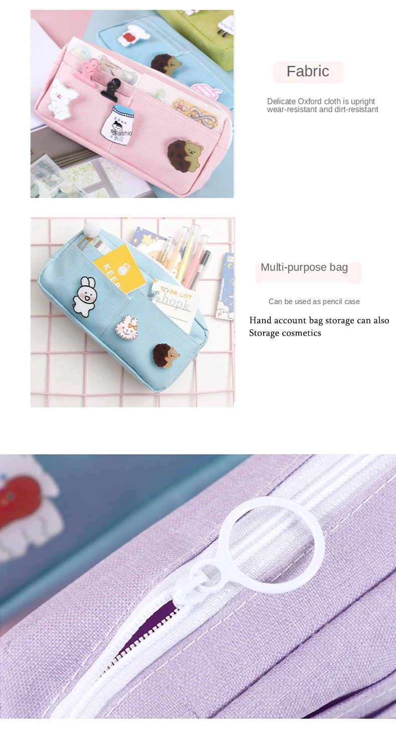 Kawaii Purple Canvas Pencil Case Cute Animal Badge Pink Pencilcases Large School Pencil Bags for Maiden Girl Stationery Supplies