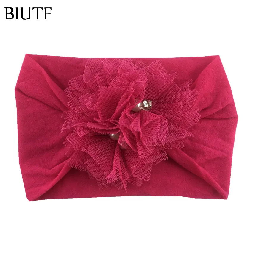 

20pcs/lot Kids Ear Turban Elastic Soft Wide Nylon Headband with Triple Pearl Beaded Mesh Tulle Flower Hotsale Headdress HB102