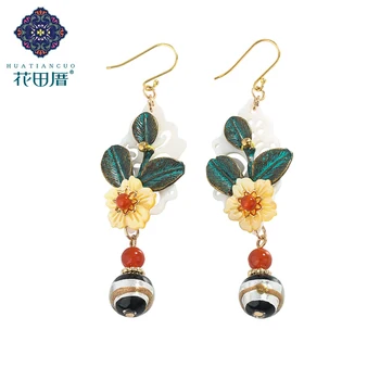

Green Alloy Leaves Yellow Shell Flower Ethnic Handmade Dangle Earring Red Stone Beads Glass Bead Female Accessories EZ-18094