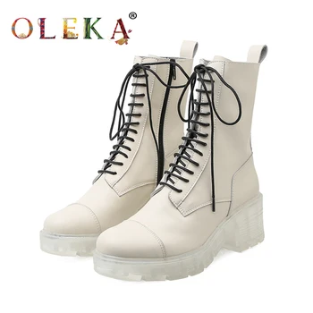 

OLEKA Leather Mid-calf Winter Boots For Women Square Heel Rome Round Toe Leather Boots Women Fashion Style Basic New AS704