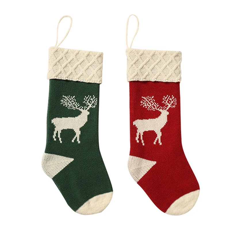 1pcs Christmas Socks Deer Printed Knitted Acrylic Hosiery Gift Holder Tree Ornament Candy Present Stocking Fireplace Hanging