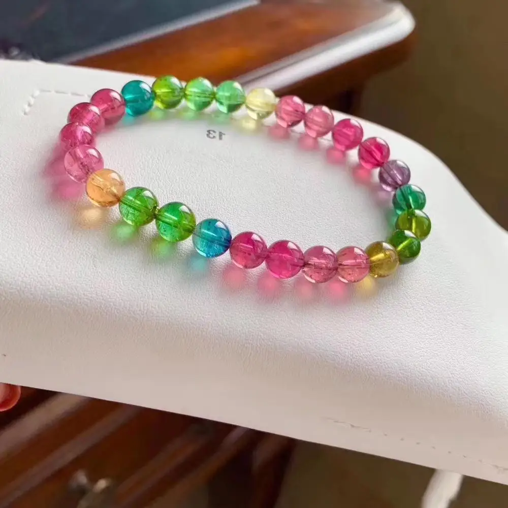 

Natural Watermelon Tourmaline Colorful Rainbow Crystal Bracelet 7.2mm Round Beads From Brazil Women Men AAAAAA Certificate