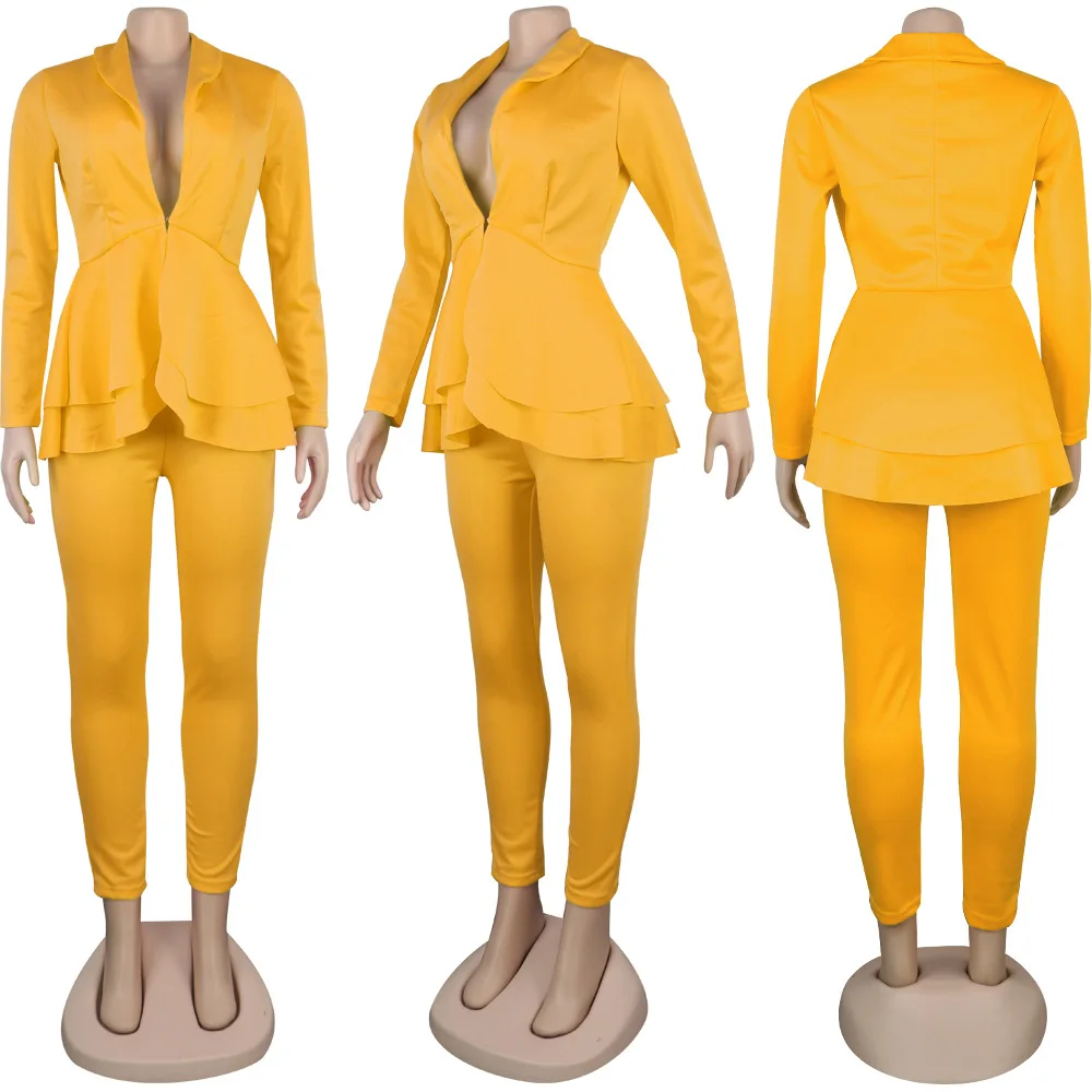 2 Piece Set Lady Women Office Tracksuit Long Sleeve Ruffles Blazers Pencil Pants Suit Female Fall Autumn Clothes 5