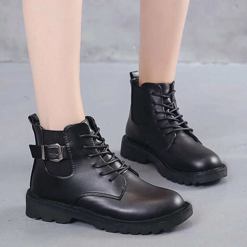 

Rimocy Autumn Buckle Lace Up Ankle Boots for Women Fashion Round Toe Square Heel Botas Mujer Comfortable Non-slip Shoes Woman
