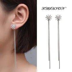 Корейские модные серебряные Длинные серьги с цветком, простые серьги с цепочкой и кисточками, женские вечерние ювелирные изделия