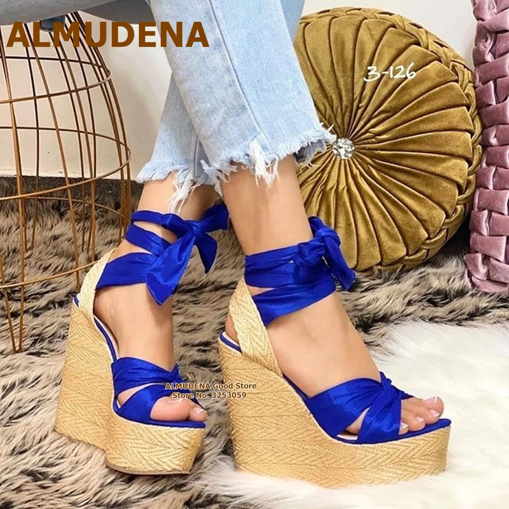 

ALMUDENA Royal Blue Burgundy Satin Cloth Sandals Rope Weaving Wedged Platform Dress Shoes Lace-up Bowtie Gladiator Pumps Size46