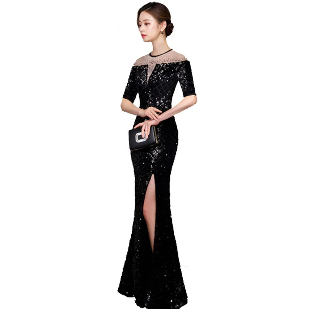 Черный Celebrity Dress Black Mermaid With Half Sleeve Shunning Neck Formal Evening Gown Sexy Side Split - Цвет: Черный