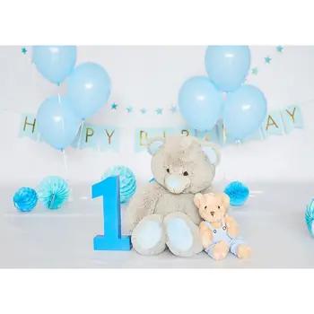 

Balloons Toy Bear Banner Blue Photo Backdrop Vinyl Backgrounds Photography Props for Children Baby 1 Birthday Party Photophone