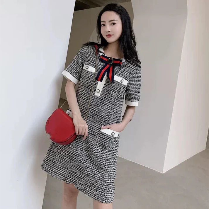 

New Temperament Dress Bow Round Neck Woman Long Vintage Dresses Stretch Loose Womens Clothing Plus Size Dress