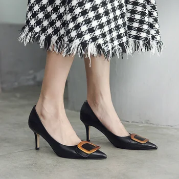 

Donna-in classic Genuine Leather Women Pumps Pointed Toe Metal Decor Stiletto High Heels Dress Shoes Female Slip On party Pumps