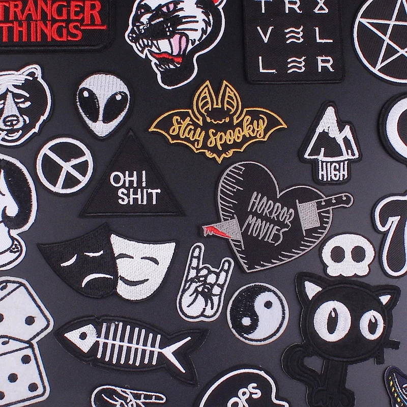 

Prajna Black and White Embroidery Patches for T-shirt Iron on Stripes Appliques Clothes Hippie Heart Stickers On Clothing Badges