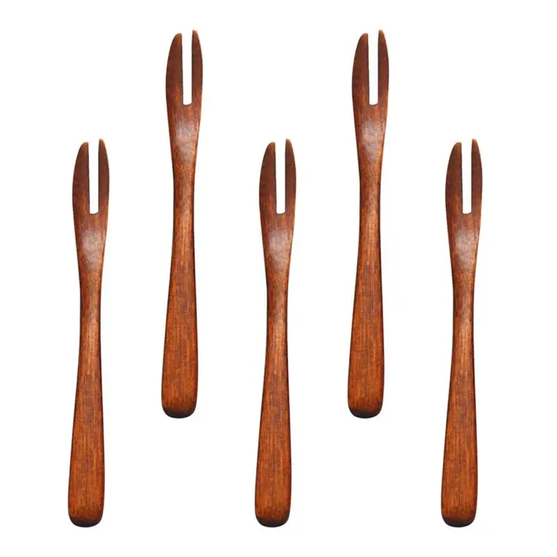 5pcs Fruit Forks Eco-Friendly Wooden Two Tooth Forks Reusable Dessert Forks Party Supplies Salad Picks For Home Bar Restaurant