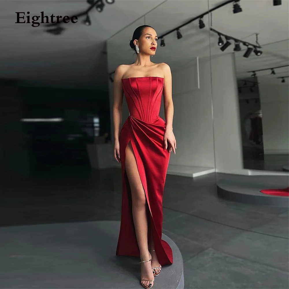 

Wine Red High Side Slit Sleeveless Evening Dress Strapless Saudi Arabia Formal Prom Dresses 2022 Simple Formal Party Night Gowns