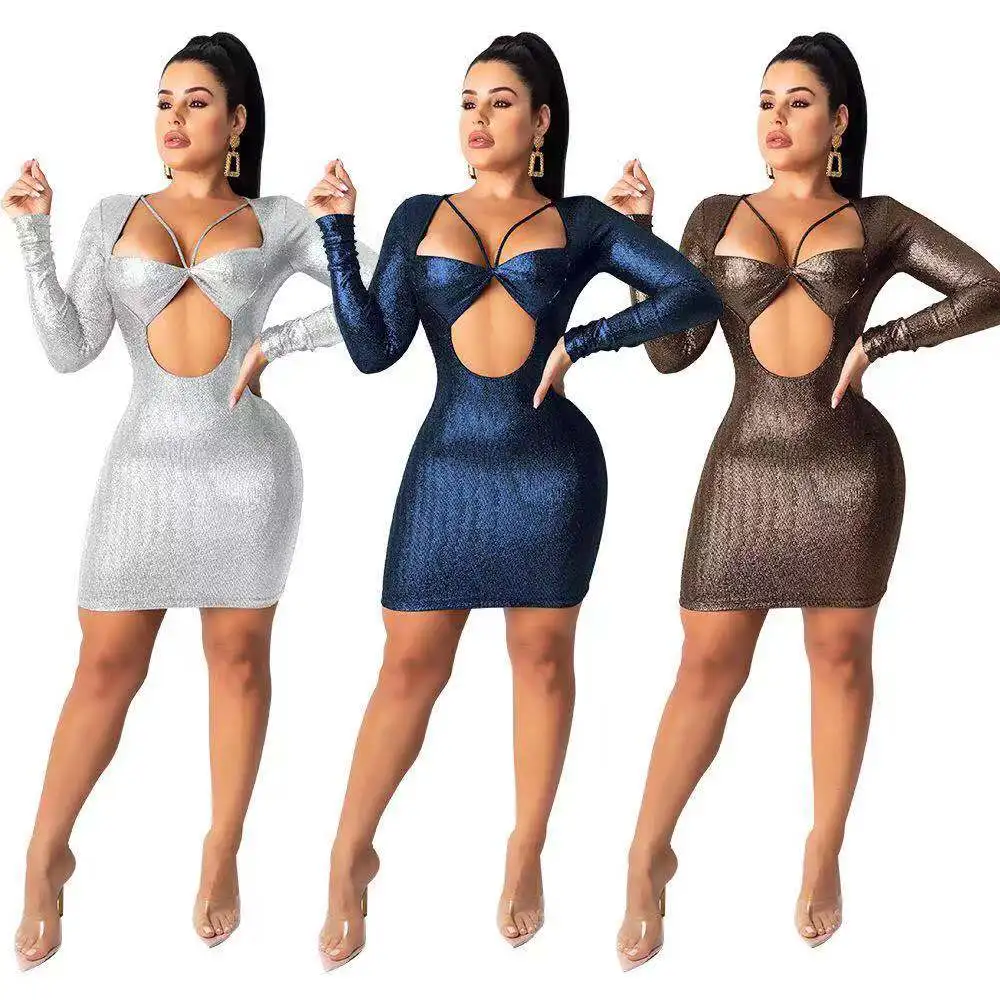 TEAEGG 2019 SPRING SEXY PARTY EVENING DRESS THROUGH BLING BLING O NECK brown skirt