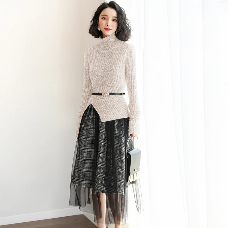 

Spring Two Piece Set for Womens Korean Knit Dress Temperament Mesh Long Sleeve Dress Women Two Piece Outfits Sweater Dress LW075