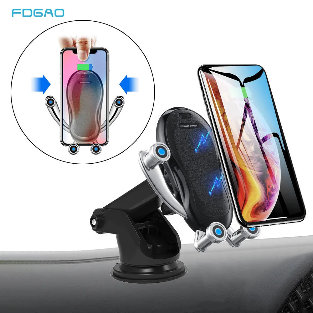FDGAO 10W Qi Wireless Car Charger For iPhone XS XR X 8 11 Samsung S10 S9 S8 Note 10 9 Automatic Mount Fast Charging Phone Holder | Мобильные