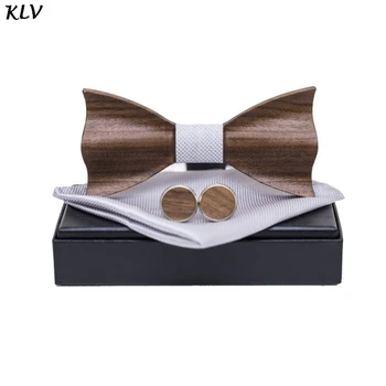 

Wooden Bow Tie Set Men 3D Embossed Square Scarf Cufflinks Set Wedding Business Party Dating Jewelry Decor Husband Gift