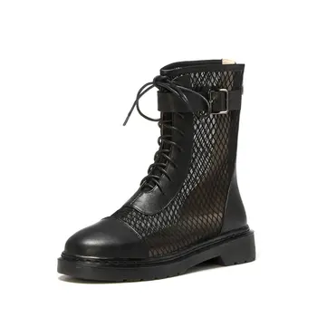 

Famale Genuine Leather Lace-up Summer Boots Popular Mesh Thick Heels Boots Fashion Night Club Shoes Woman