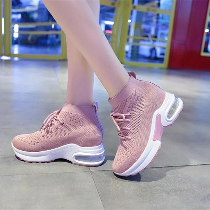 Кроссовки на высоком каблуке 7 см Женская обувь из сетчатого материала платформе