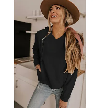 

Daily OWLPRINCESS New V-neck Long-Sleeved Hooded Women's Sweater Solid Color 2020 Women's Sweater
