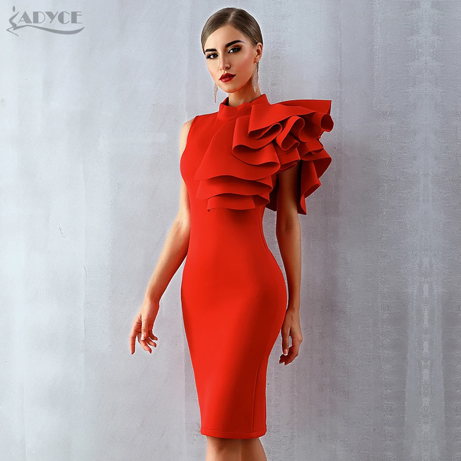 

Adyce 2019 New Summer Women Celebrity Runway Party Dress Vestido Sexy White Red Sleeveless Ruffles Bodycon Midi Night Club Dress