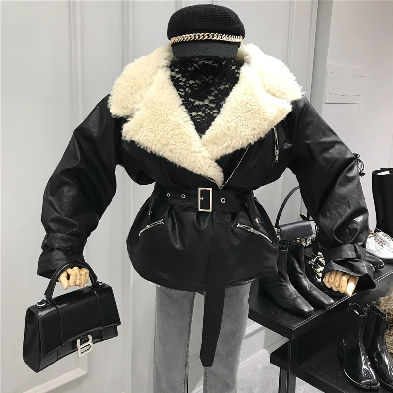 Новинка, зимняя женская куртка из искусственной овчины, черная, теплая, мотоциклетная, уличная, мягкая, мех ягненка, женская кожаная куртка MY251