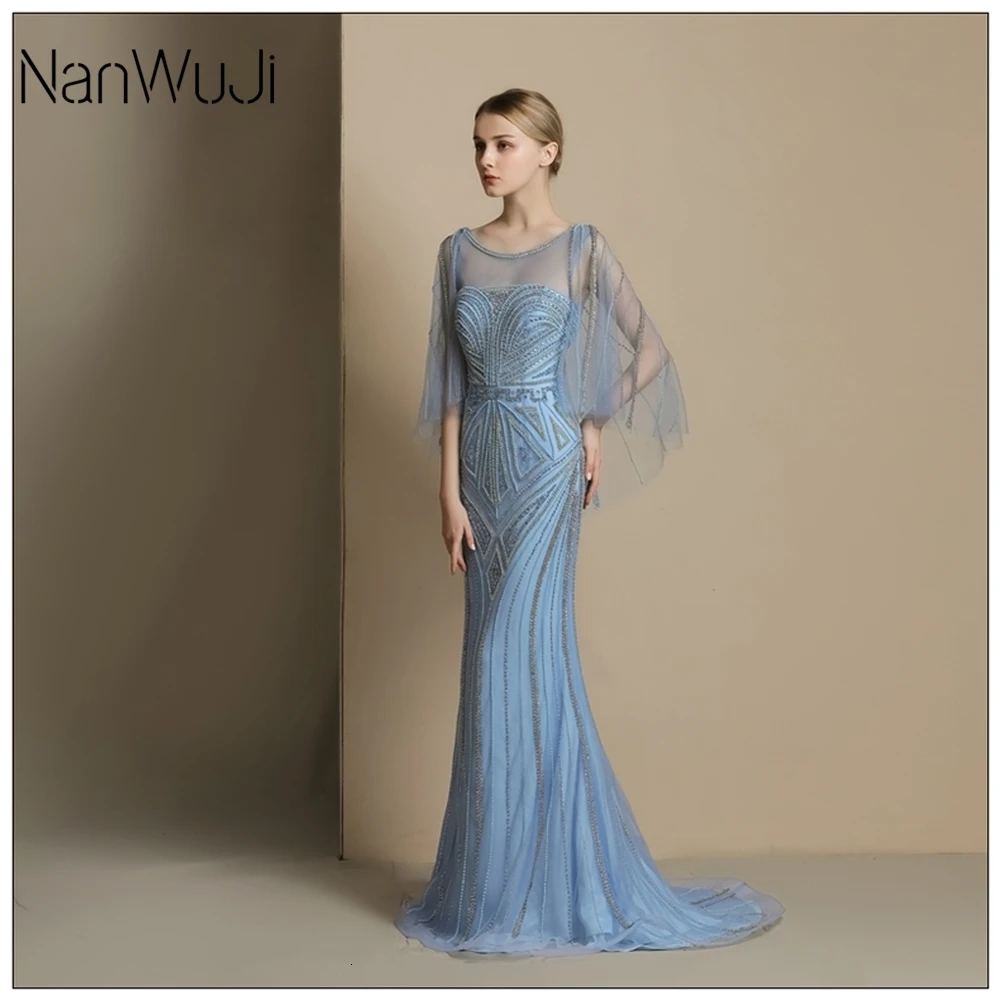

Blue Muslim Evening Dresses Hot9 A-line Cap Sleeves Tulle Slit Pearls Islamic Dubai Saudi Arabic Long Formal Evening Gown Prom