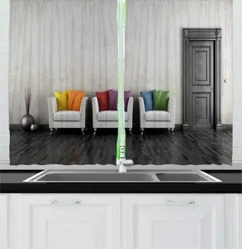 

Coconut Multicolor Colorful Kitchen Curtains Retro Style Living Room Art Image with Armchairs Closed Hardwood Door for Kitchen