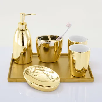 

Bathroom Accessories Set Ceramic Soap Dispenser Toothbrush Holder Gargle Cup Soap Dish 5/6 Pieces Set With Tray Gold Finished