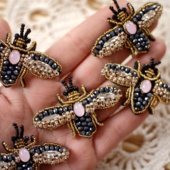 

Handmade Rhinestone beaded Patches, Bee Sew on Crystal pearl patch for clothes beaded Applique cute patch
