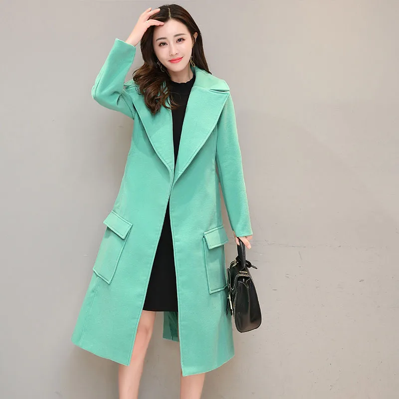 

2017 Autumn And Winter New Style Korean-style Green Waist Hugging Lace-up over-the-Knee Korean-style Double-Sided Duffle Coat
