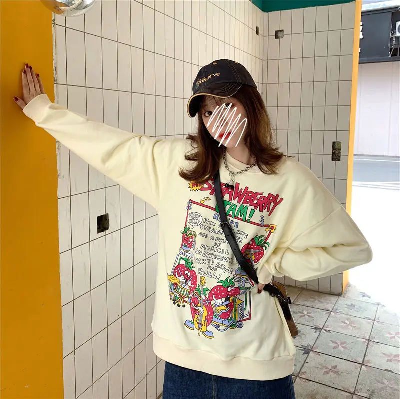 2021 New Harajuku Retro Top Strawberry Print Hoodie Women Loose Streetwear Sweatshirt American Retro Oversized Pullover