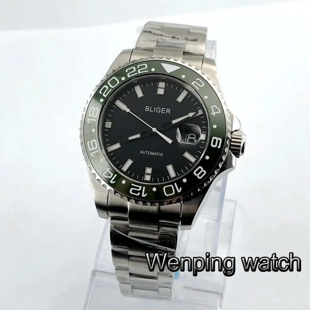 

Bliger men's luxury mechanical watch 43mm Sapphire glass black dial luminous ceramic bezel date automatic waterproof watch gift