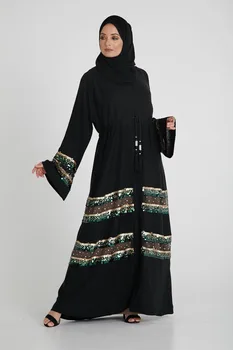 

2020 New Muslim Abaya Dress Fashion Sequins Stitching Dubai Tunic Long Robe Female Long Sleeve Dress with Sashes TA1811