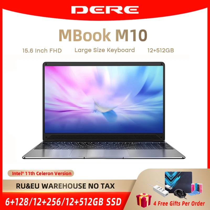 Cheap DERE Laptop MBook M10 15.6 Inch FHD Intel Celeron N5095 Core 12GB ROM 256/512GB Notebook Gaming Computer Windows 10 For Students