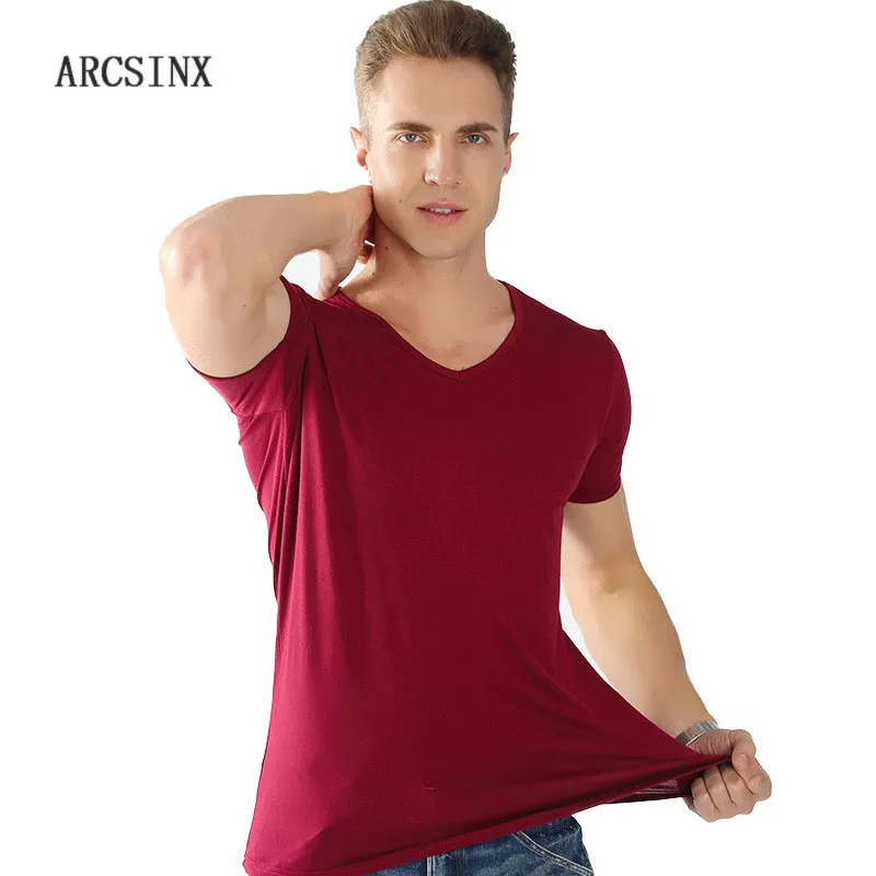 

ARCSINX Summer Men T-Shirt Plus Size 4XL 5XL 6XL Modal T Shirt Men Solid Color V-Neck Short Sleeve Soft Basic Tee Shirt Men 3XL