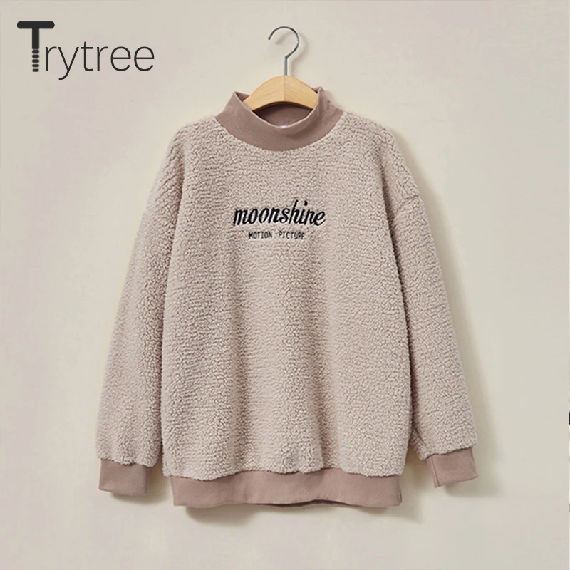 Trytree, Осень-зима, Женские Модные свитшоты, Повседневная водолазка с вышитыми буквами, 3 цвета, свободные плотные свитшоты, топы