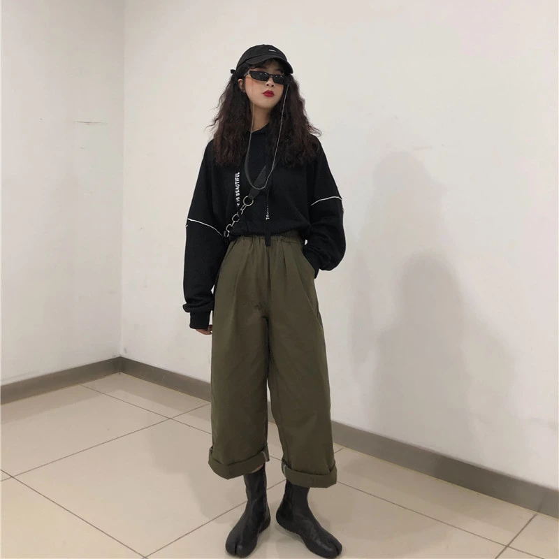 Осенние новые корейские ins Harajuku винтажные BF Свободные прямые брюки Женская мода Высокая талия Уличная Повседневная Женская широкая нога брюки