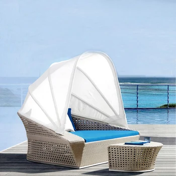 

Freeshipping Lounger Outdoor Rattan Sofa Lying Bed Balcony Villa Outdoor PU Rattan Table and Chairs Sets