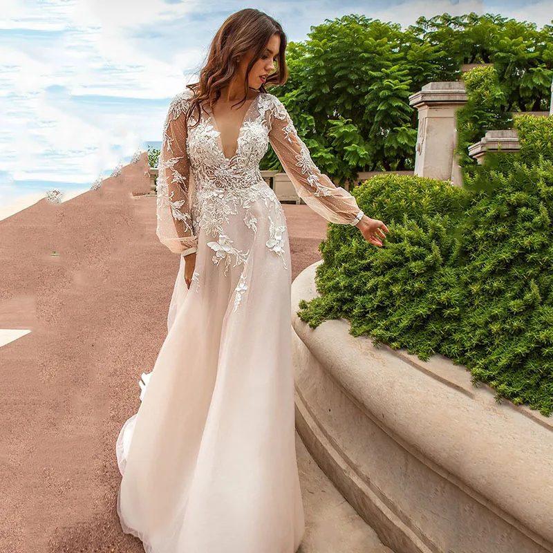 Fashion V Neck Wedding Dress Tulle Champagne Long Sleeve See Through