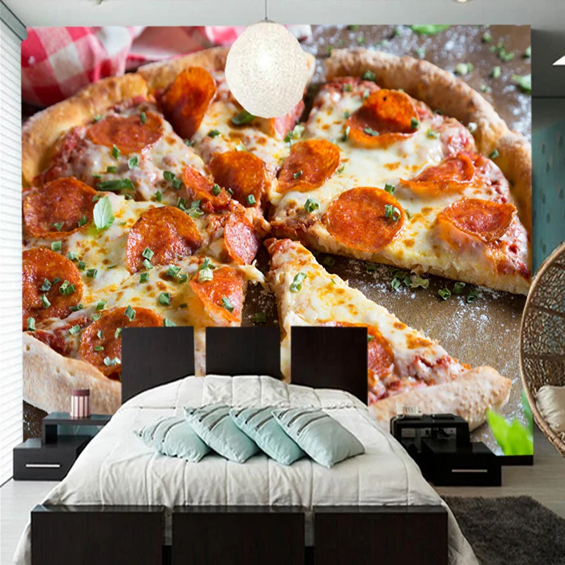 

Custom 3D wallpaper, fast food pizza sausage slice food mural for kitchen restaurant background decorative waterproof wallpaper