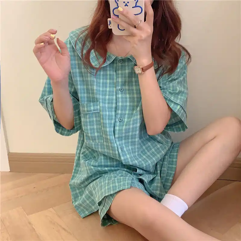エイリアンキティ幾何新シックなチェック柄女性女の子パジャマ21かわいい韓国のすべての試合緩い甘いホームウェア夏パジャマセット パジャマセット Aliexpress