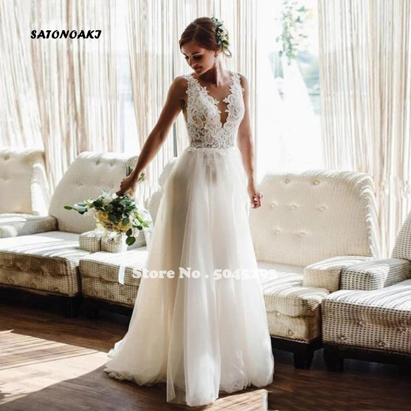 SATONOAKI Robe De Mariee пляжные свадебные платья, v-образный вырез, открытая спина, трапециевидные свадебные платья, богемное свадебное платье в стиле бохо