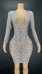 Women SexyMesh See Through Deep V Latin Tassels Sparkling Crystals Nightclub Party Stage Wear Dancer Singer Bling Costumes