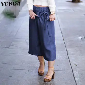

VONDA 2020 Fashion Pants Women Casual Solid Color Wide Leg Pants Plus Size Demin Women's Trousers Elegant Summer Bottoms S-5XL